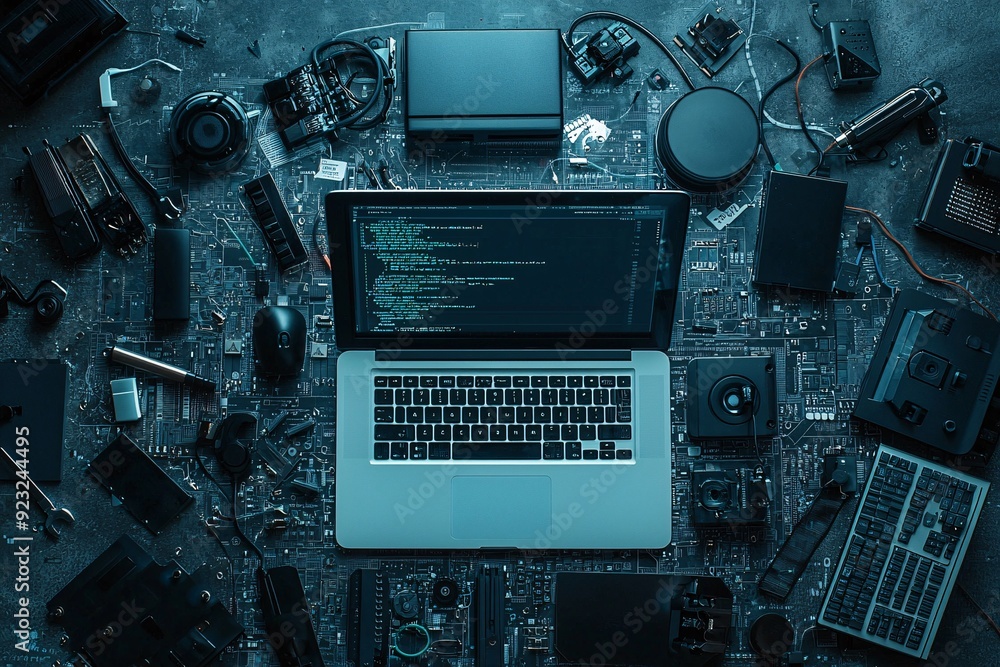 Poster a hackerâ€™s desk with a command line on the laptop screen and various tools like network devices an