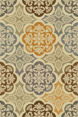 A classic damask pattern in muted earth tones, showcasing elegant floral designs with a vintage feel, ideal for wallpapers and textiles.