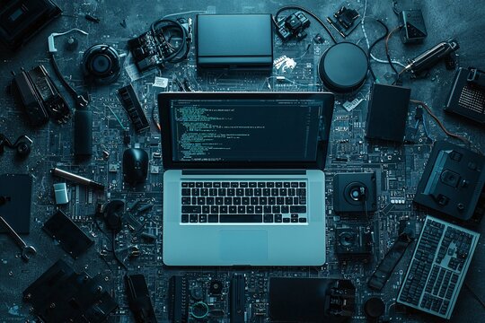 A hackerâ€™s desk with a command line on the laptop screen and various tools like network devices and encrypted storage scattered around, leaving ample copy space for additional elements.