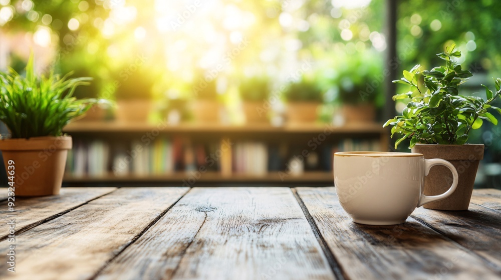 Aufkleber a serene coffee scene in a cozy cafe with a warm-toned wooden table and a cup of coffee in focus the