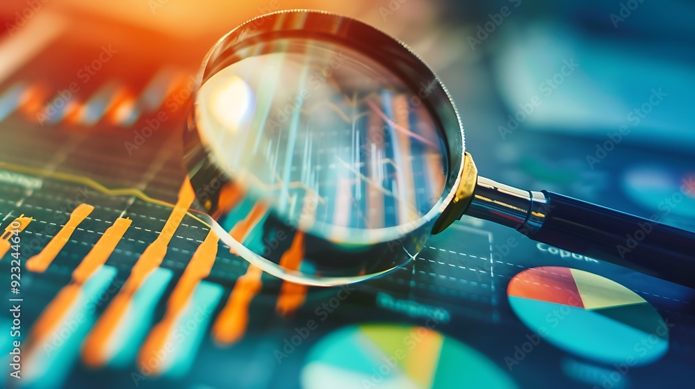 Poster magnifying glass is placed on a chart and graph, emphasizing the importance of data analysis in busi