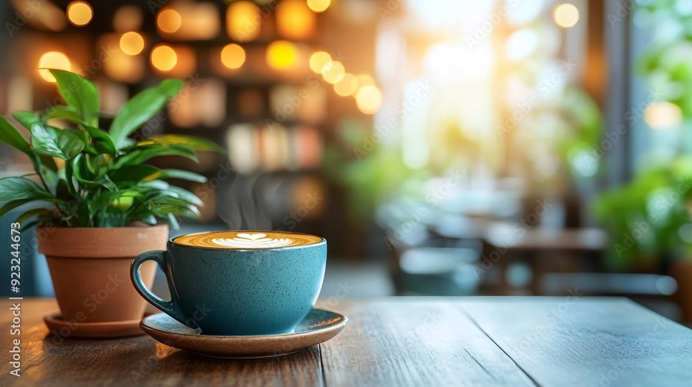 Aufkleber a serene coffee scene in a cozy cafe with a warm-toned wooden table and a cup of coffee in focus the