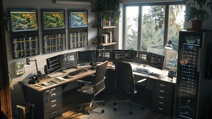 Digital Fortress Cybersecurity Analyst's Command Center with Cryptography Books Secure Server Rack and Multiple Monitors for Data Protection and Defense