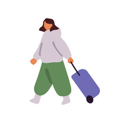 Tourist carries, rolls suitcase with handle. Woman goes, pulls luggage for vacation journey. Girl with travel baggage walks. Tourism lifestyle. Flat isolated vector illustration on white background