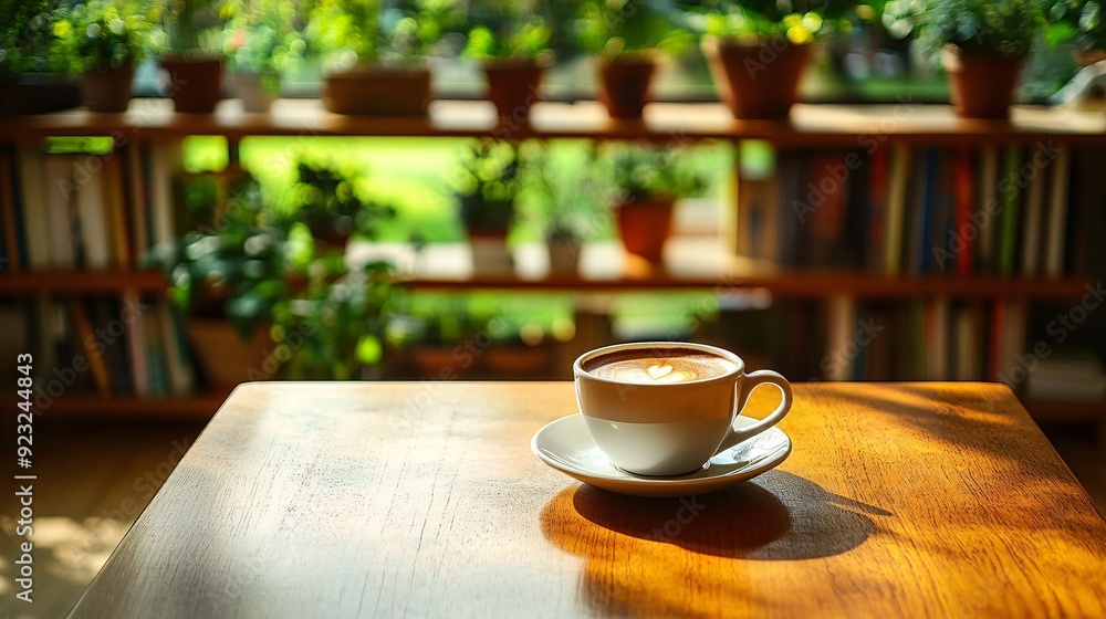 Poster a serene coffee scene in a cozy cafe with a warm-toned wooden table and a cup of coffee in focus the
