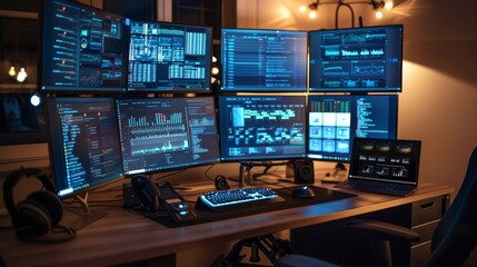 Digital Fortress Cybersecurity Expert's Command Center with Realtime Security Feeds and Encrypted Chat Windows