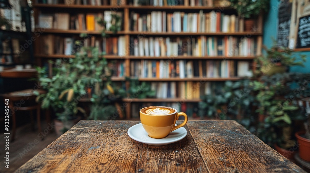 Poster a peaceful moment in a warmly lit cafe where a cup of coffee rests on a rustic table muted earth ton