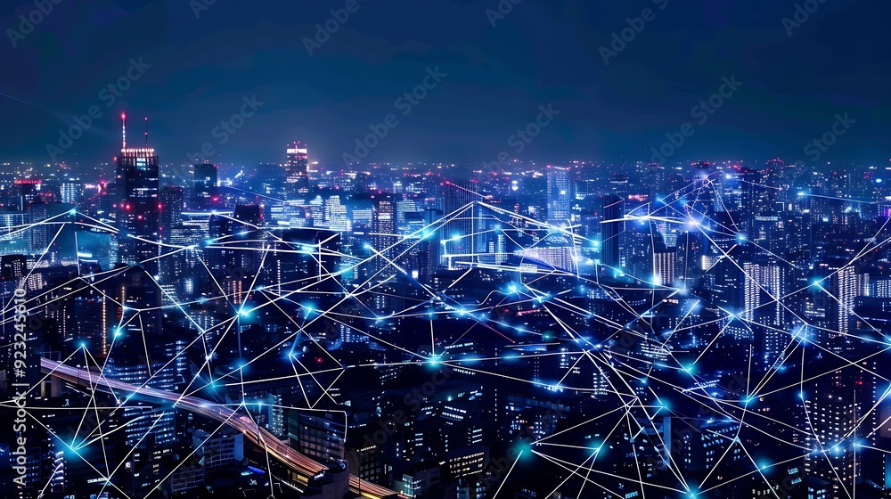 Poster night aerial view of a city with illuminated skyscrapers, connected by a network of glowing lines, r