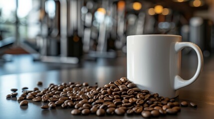 Coffee mug with beans on table in gym setting, blending coffee and fitness themes.