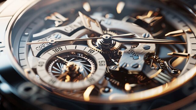 Detailed close up of a mechanical watch face, captured with clear and precise 3D shading