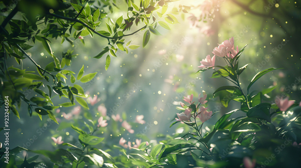 Poster magical bokeh effect created by sunlight streaming through a lush green forest
