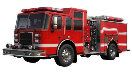 Red fire truck with emergency equipment png isolated on transparent background