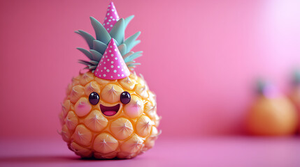 A cute pineapple wearing a party hat, set against a vibrant pink background, perfect for cheerful and festive themes.