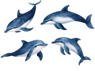 Naklejka premium Adorable Watercolor of a Smiling Dolphin Family Swimming Underwater in a Marine Seascape Ideal for Nursery Wall Decor and Tropical Themed Interiors