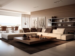 Modern living room with white sectional sofa, wood coffee table, and view of mountains.