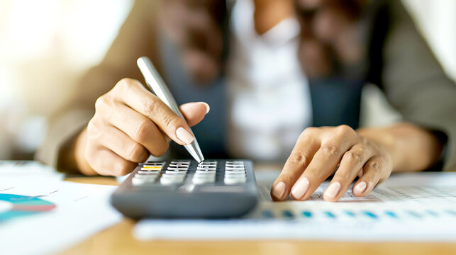 Businesswoman calculating currency conversions with a digital tool, financial planning, exchange calculations