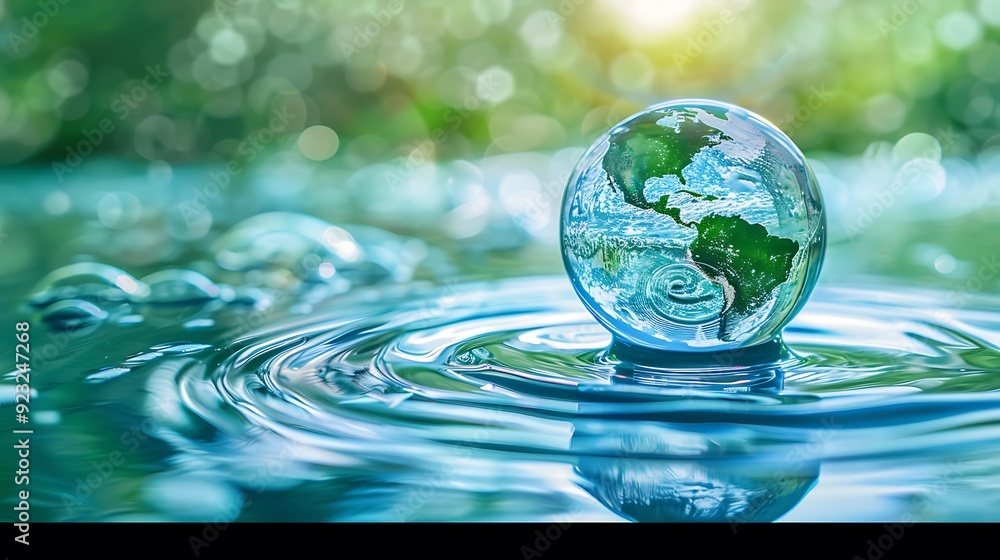 Poster glass globe representing planet earth sits on a water drop creating ripples on the surface.