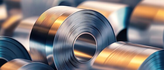 Close-up view of metallic rolls showcasing reflective surfaces, ideal for industrial and manufacturing themes.