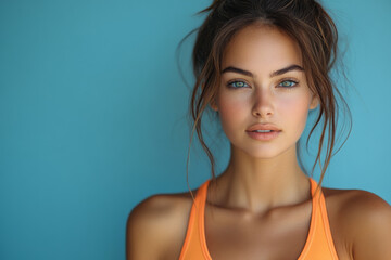 Portrait of a young girl in sportswear bra , front-facing photo with bright orange colors on plain blue background