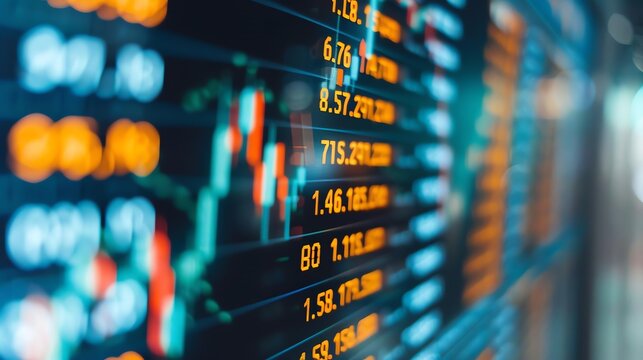 Digital display showing fluctuating currency exchange rates, real-time data, forex market