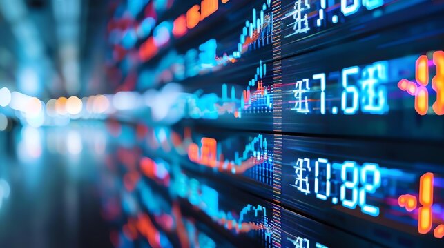 Digital display showing fluctuating currency exchange rates, real-time data, forex market