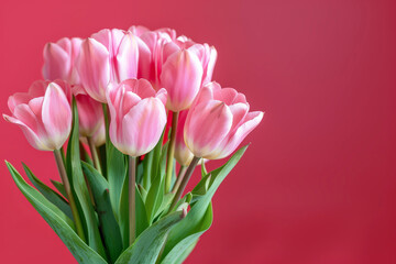 Fototapeta premium Bouquet of pink tulips on pink background