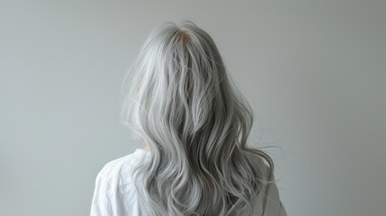 Fototapeta premium A woman with long gray hair is standing in front of a white wall