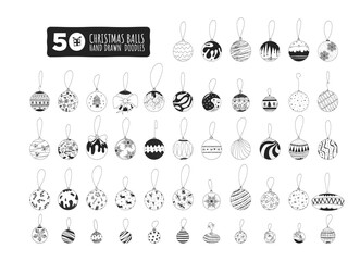 Hand drawn Christmas ball doodle set. Xmas winter elements isolated on white background. Collection of cute xmas ornaments doodles. Festive Christmas decorations. Holiday icon designs. Editable Vector