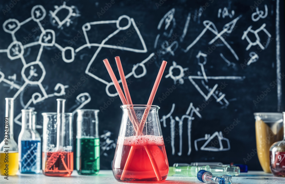 Poster chemistry experiment using drinking straws and beakers in front of a blackboard background