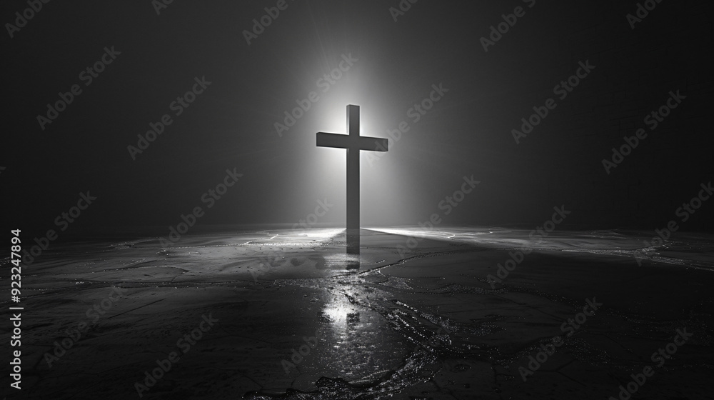 Poster lone cross standing on a wet surface with a bright light shining down on it from above