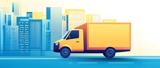 Naklejka premium Colorful delivery truck moving through a modern urban landscape, symbolizing transportation and logistics in a vibrant city.
