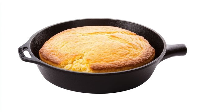 recommend clip art: Cozy and homemade cornbread baked in a rustic cast iron skillet isolated on a clean white background  This watercolor style captures the warm comforting essence of a classic kitchen staple