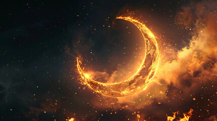 Fototapeta premium Dramatic night sky filled with stars as a fiery crescent moon rises