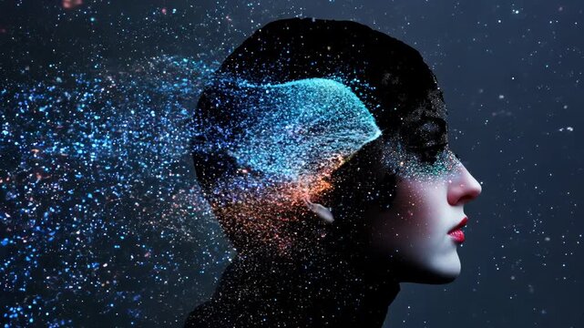 Face profile dissolves into starry particles against cosmic backdrop. Ethereal transition blends human form with universe, exploring consciousness and existence.	