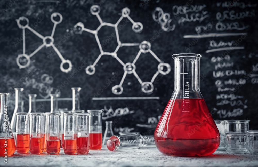 Poster laboratory glassware containing red chemical liquid with a blackboard background displaying molecula
