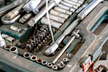 Closeup photo shoot of different nesessary tools and parts in every man's garage.Auto check up and...