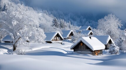 A picturesque winter scene depicting several wooden cabins nestled within a snow-covered landscape, framed by frost-laden trees under a soft, cloudy sky.