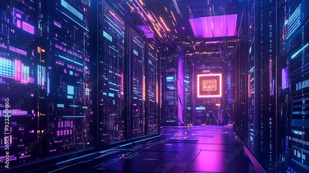 Poster high tech server room with rows of glowing