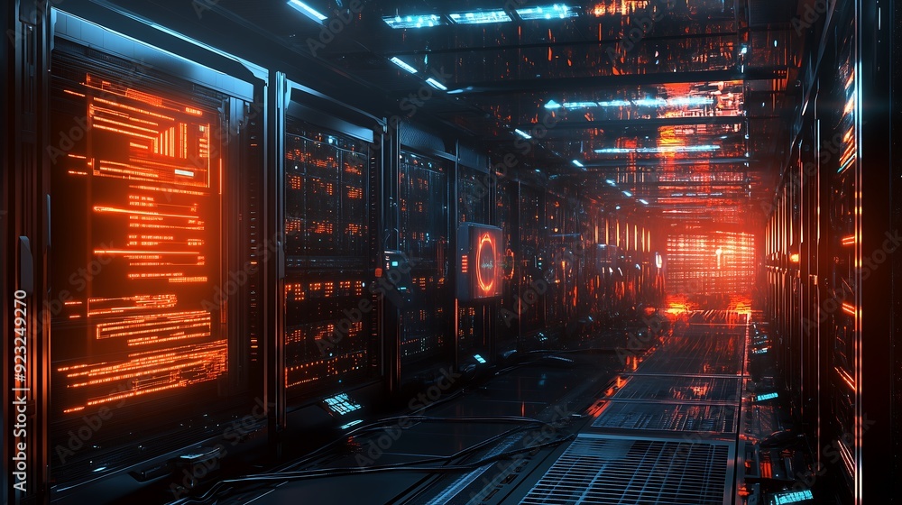 Poster high tech server room with rows of glowing