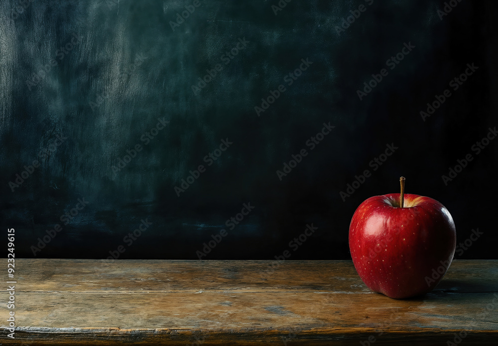Aufkleber red apple sitting on desk in front of chalkboard for back to school concept with copy space