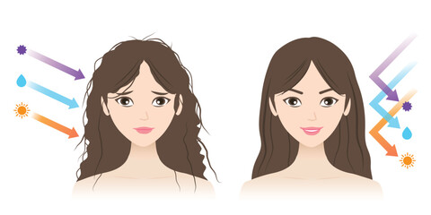 Comparison of damaged and healthy hair vector illustration isolated on white background. The woman with dry, frizzy hair caused by external factors and strong, supple, shiny hair. Hair care concept.