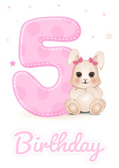 Cute baby shower card with number 5 and bunny. Birthday card. Vector illustration.
