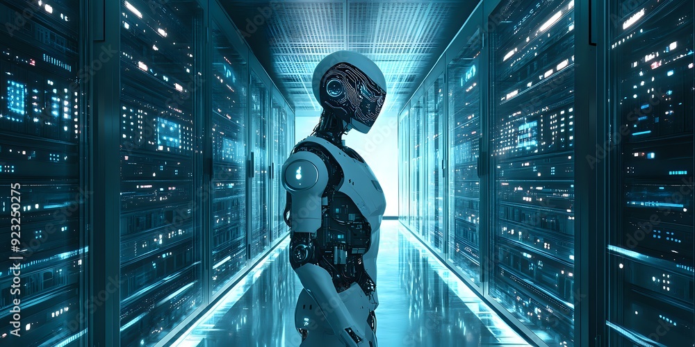 Poster a futuristic robot stands in a server room, a glimpse into the future of technology and automation.