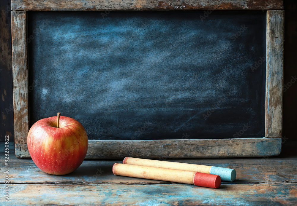 Poster empty blackboard with chalks and red apple on a rustic wooden table