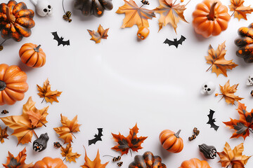 Obraz premium Halloween flatlay decorations background with space for text. Halloween concept. Top view frame