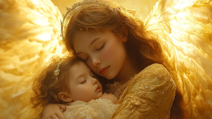 Warm Embrace: Angel Mother and Sleeping Asian Girl