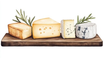 Rustic watercolor style of a country kitchen cheese board display with various types of cheese fresh produce and other culinary elements on a white background