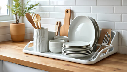 Dish rack holds many dishes and cups against wooden countertop, white wall tiles, sink and faucet. Budget and lightweight antimicrobial dish drainer with drain board at modern scandinavian kitchen