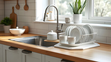 Dish rack holds many dishes and cups against wooden countertop, white wall tiles, sink and faucet. Budget and lightweight antimicrobial dish drainer with drain board at modern scandinavian kitchen
