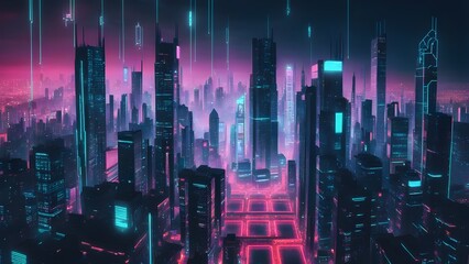 A cityscape with neon lights and a purple sky
